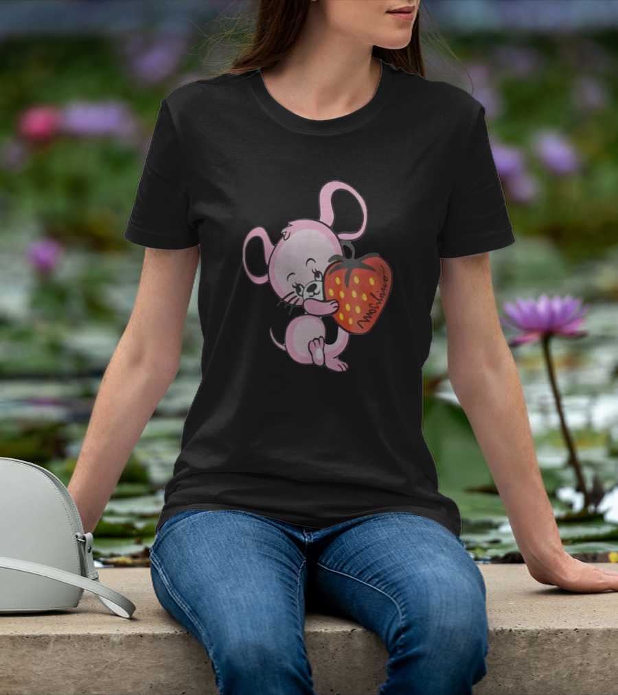 Cute Pink Mouse Hugging Strawberry Moschino T-Shirt
