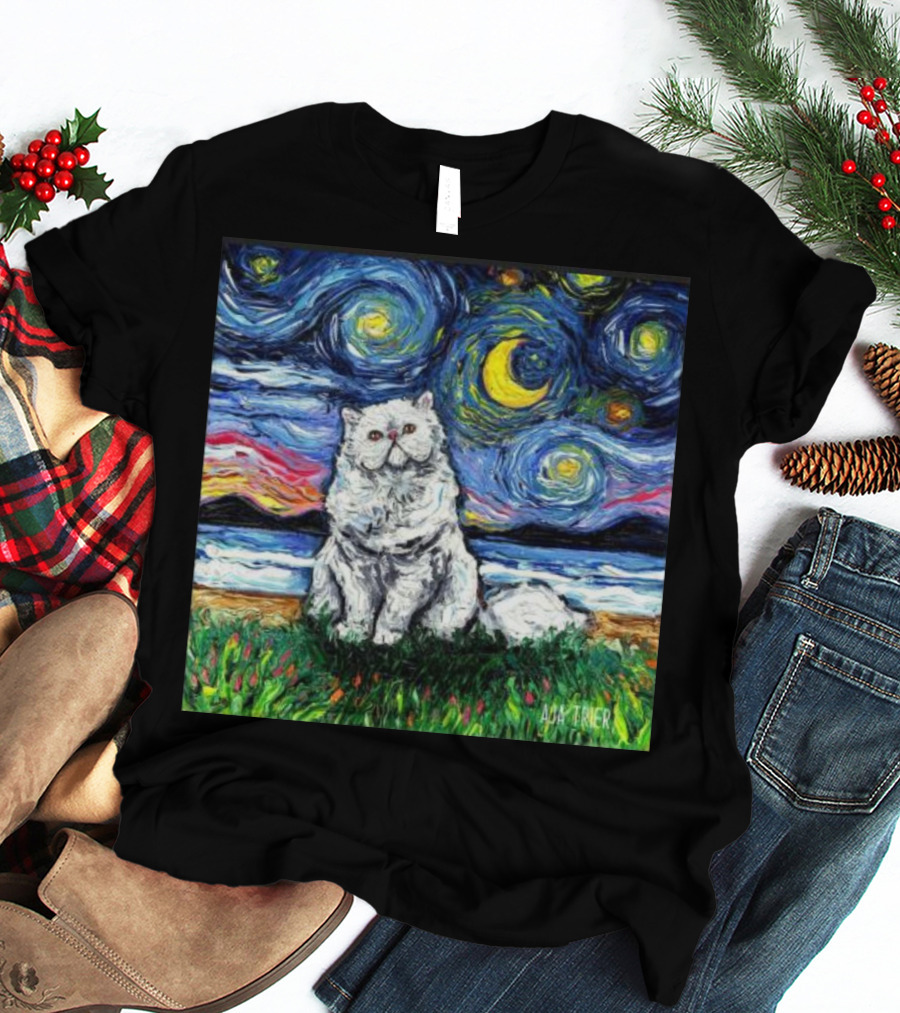 Aja Trier Starry Night Persian Cat Painting T-Shirt