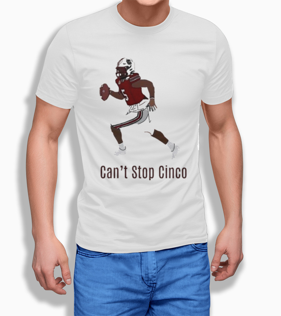 Can't Stop Cinco Football Player in Red and Black Uniform T-Shirt
