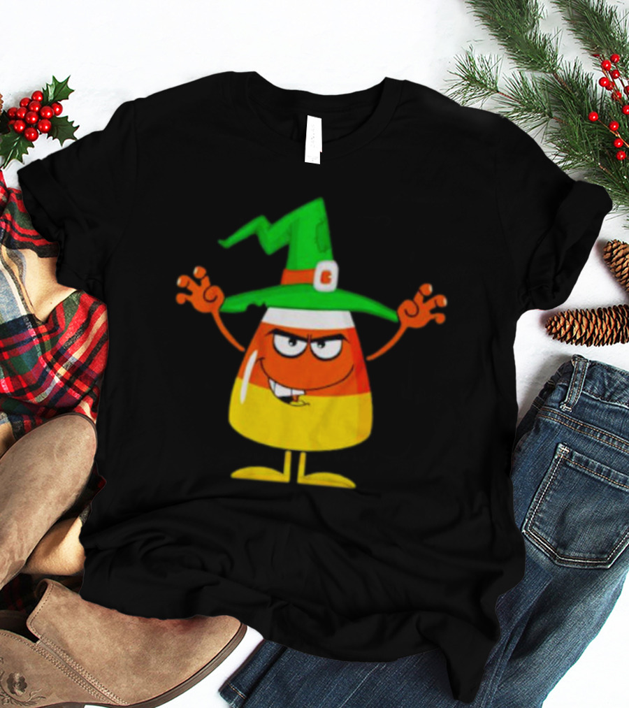 Candy Corn Witch Halloween Character With Green Hat T-Shirt