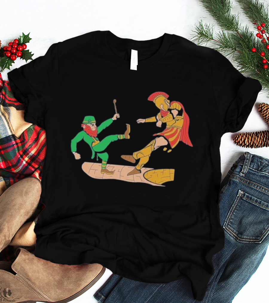 Notre Dame Leprechaun Vs. Trojan Warrior Kick Battle T-Shirt