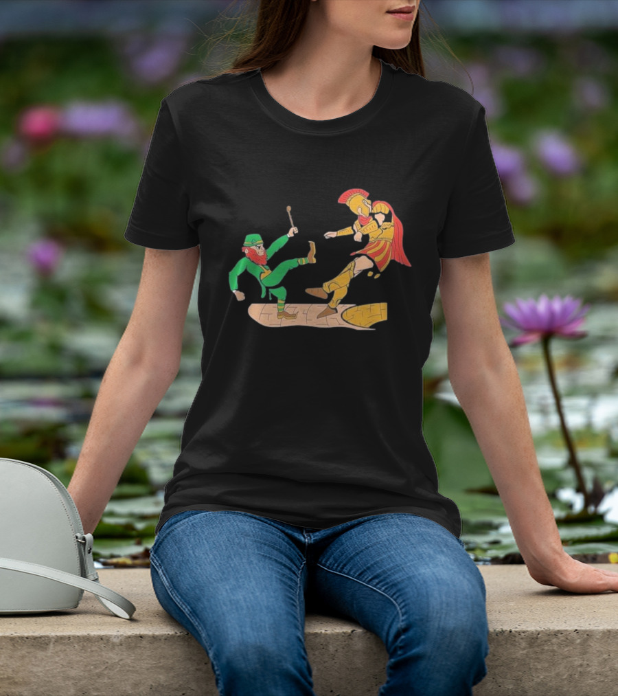 Notre Dame Leprechaun Vs. Trojan Warrior Kick Battle T-Shirt