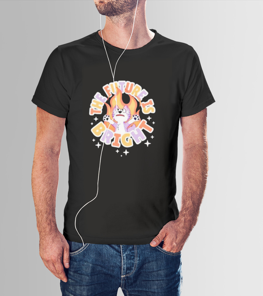 The Future Is Bright Flaming Cartoon Cat With Stars And Flames T-Shirt