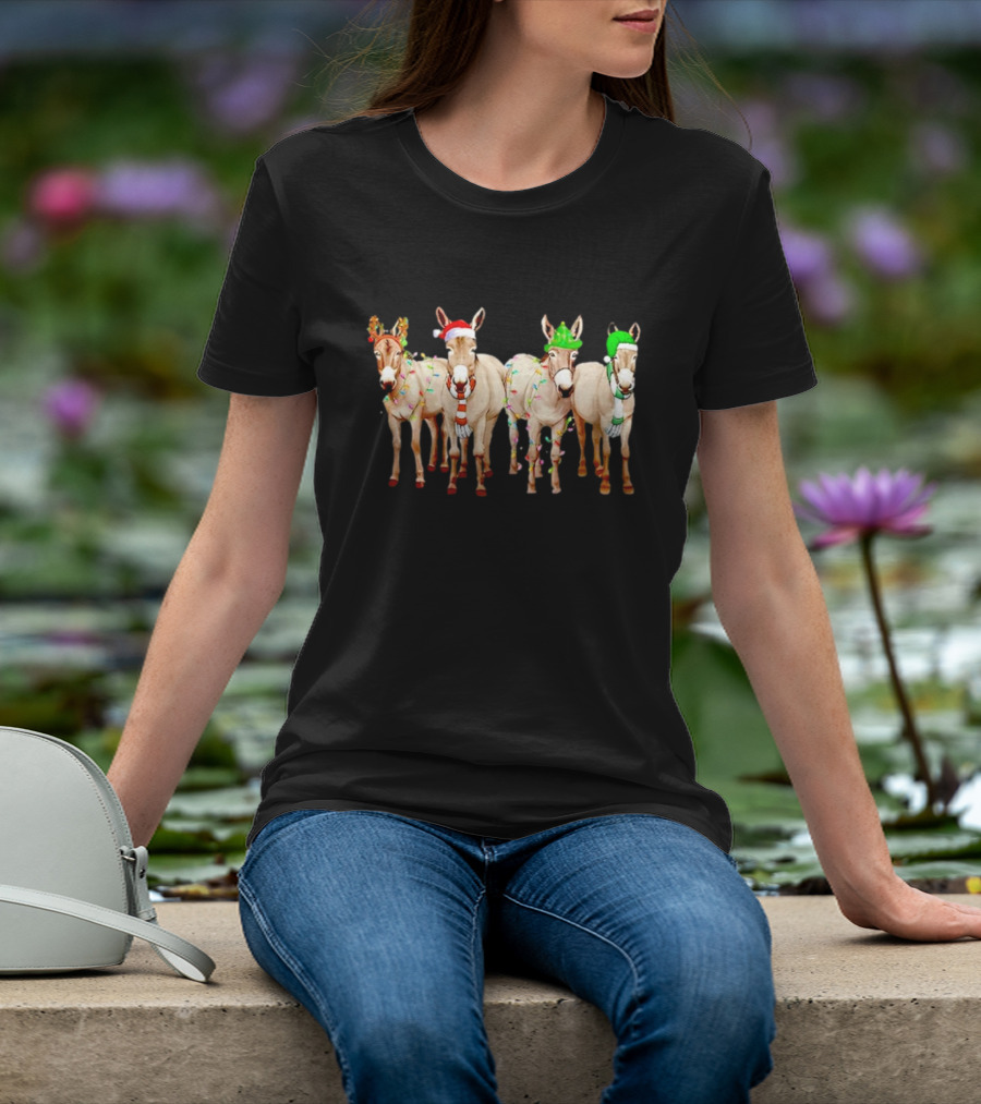 Merry Christmas Donkey Festive Holiday Lights With Reindeer Antlers And Santa Hats T-Shirt
