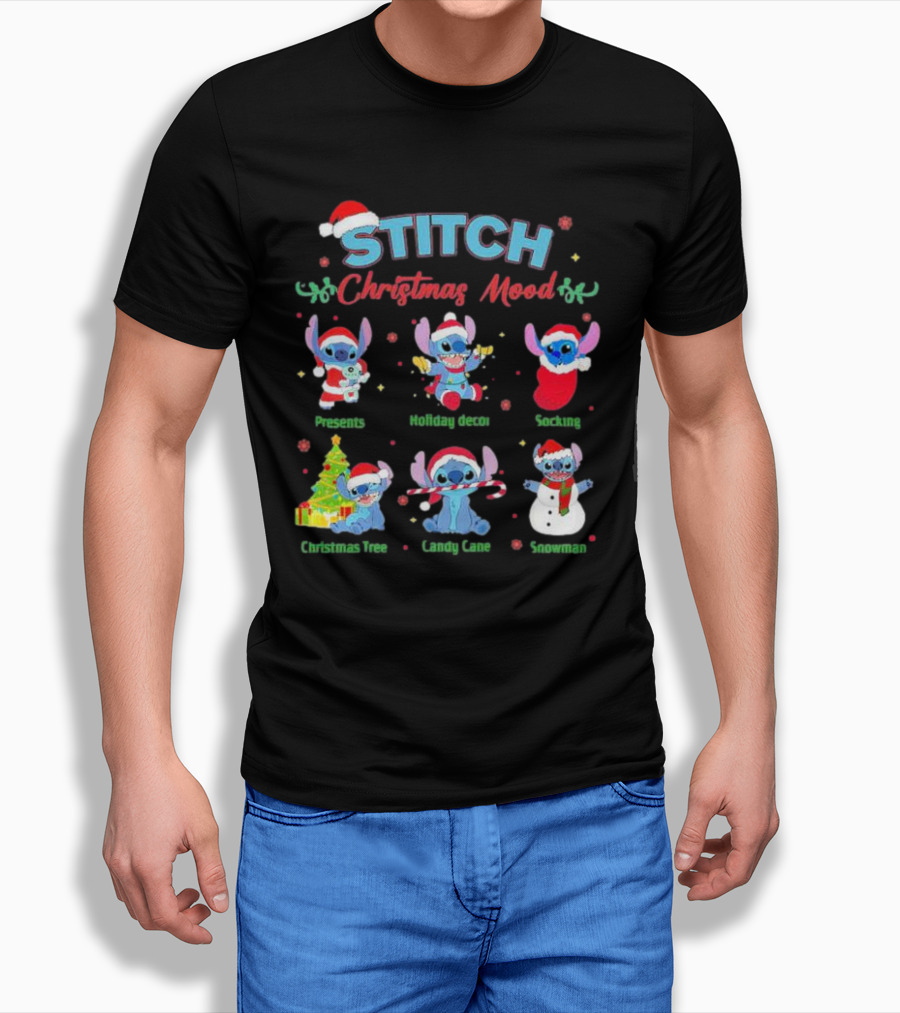 STITCH Christmas Mood Presents Holiday Decor Stocking Christmas Tree Candy Cane Snowman T-Shirt