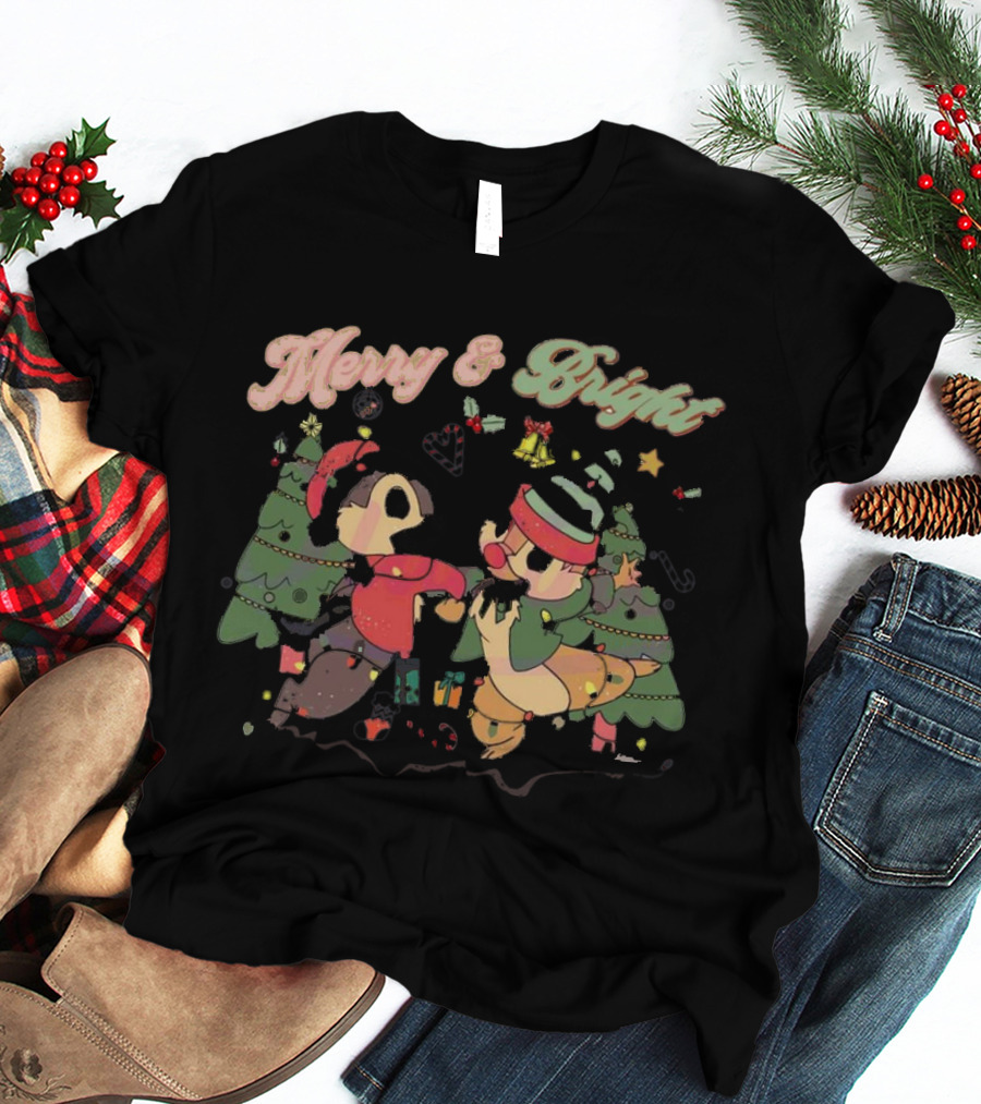 Chip And Dale Merry And Bright Christmas With Festive Trees And Holiday Cheer T-Shirt