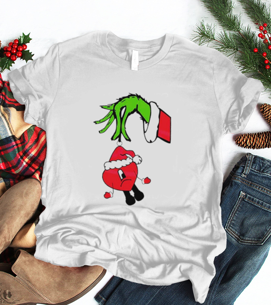 Grinch Hand Bad Bunny Santa Hat Christmas T-Shirt
