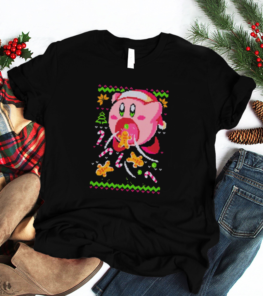 Kirby Santa Hat Eating Gingerbread Candy Canes Holiday T-Shirt