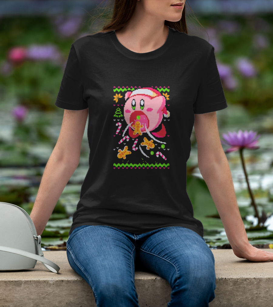 Kirby Santa Hat Eating Gingerbread Candy Canes Holiday T-Shirt