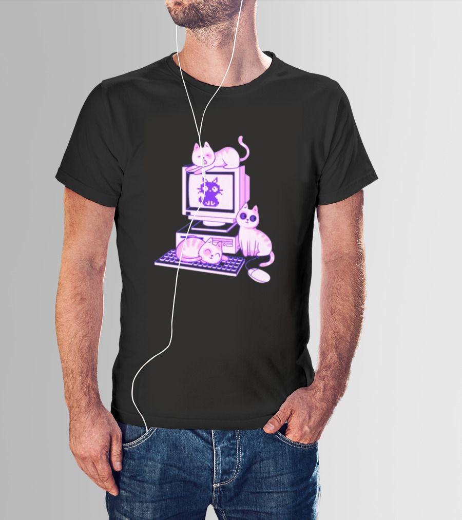 Cats Over Retro Computer With Pixel Art Cat On Screen T-Shirt