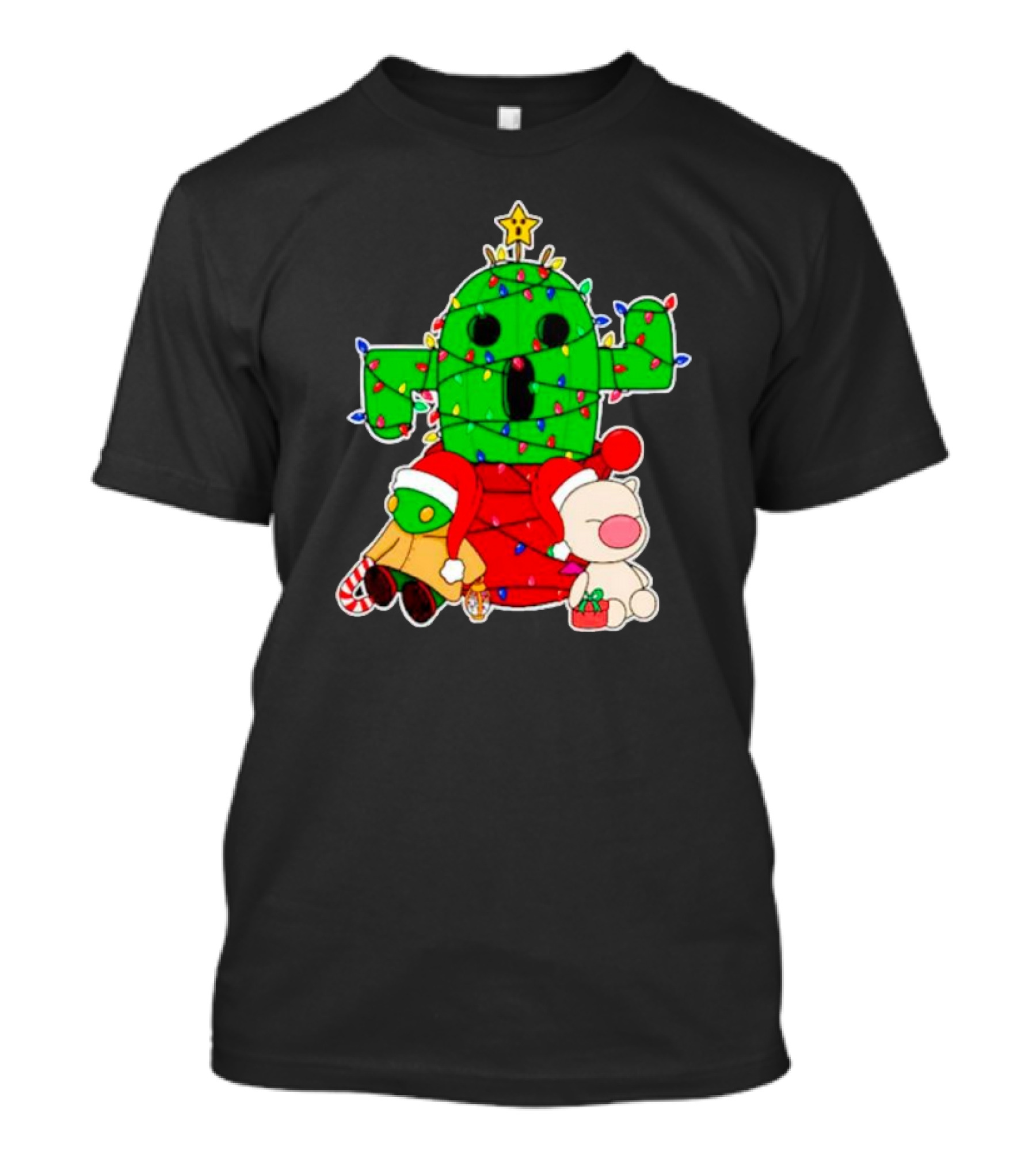 Christmas Moogle Cactuar Wrapped In Lights Star Topped Festive Scene T-Shirt