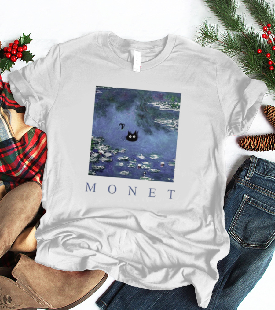 Monet Waterlily Black Cat In Pond With Monet Text T-Shirt