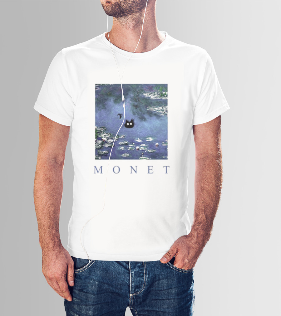 Monet Waterlily Black Cat In Pond With Monet Text T-Shirt