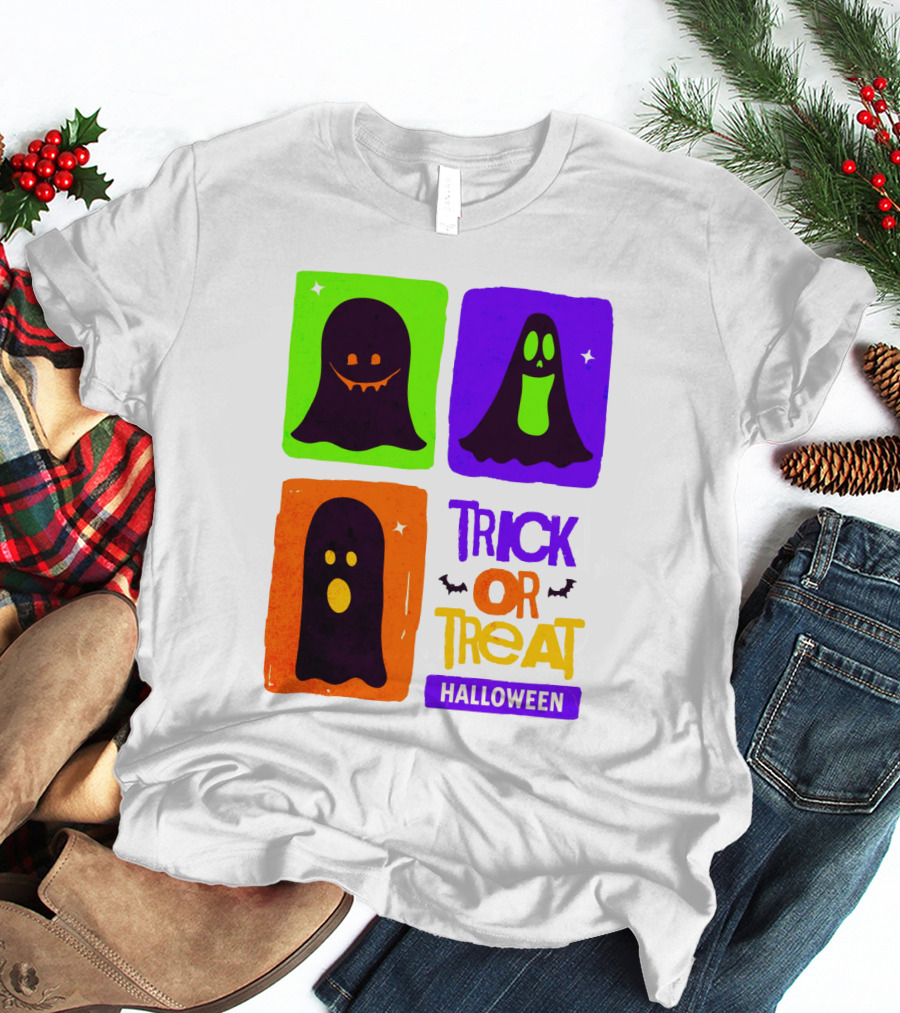 Halloween Trick Or Treat Ghosts In Colorful Boxes T-Shirt