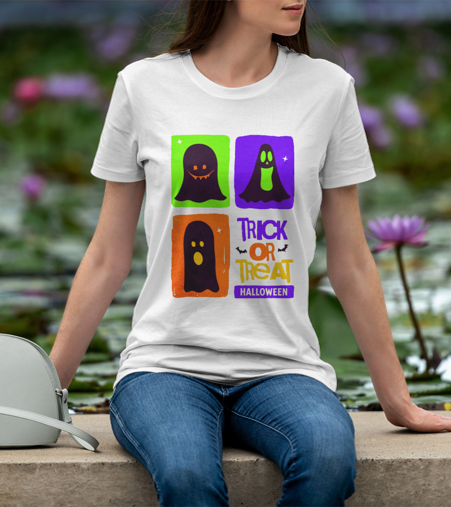 Halloween Trick Or Treat Ghosts In Colorful Boxes T-Shirt