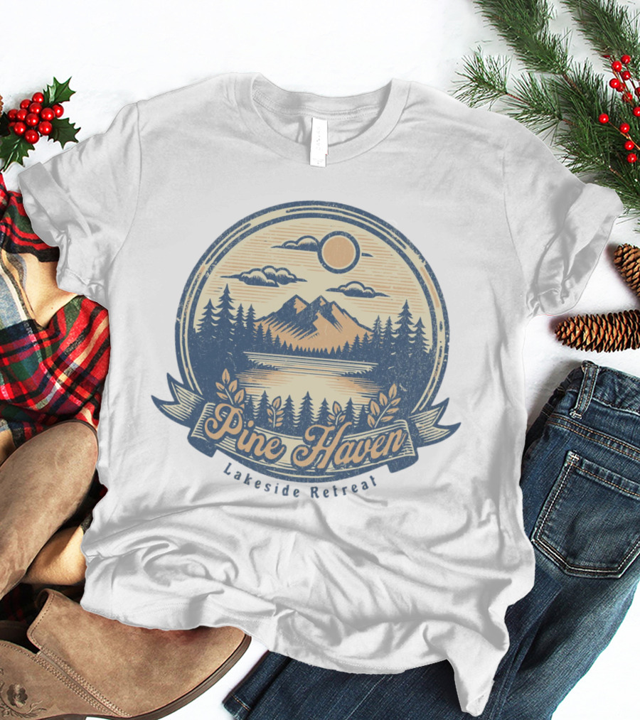 Pine Haven Lakeside Retreat Scenic Mountain Forest Vintage Emblem T-Shirt