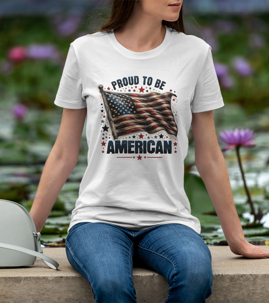 Proud To Be American Waving Stars And Stripes Surrounded By Red And Black Stars T-Shirt