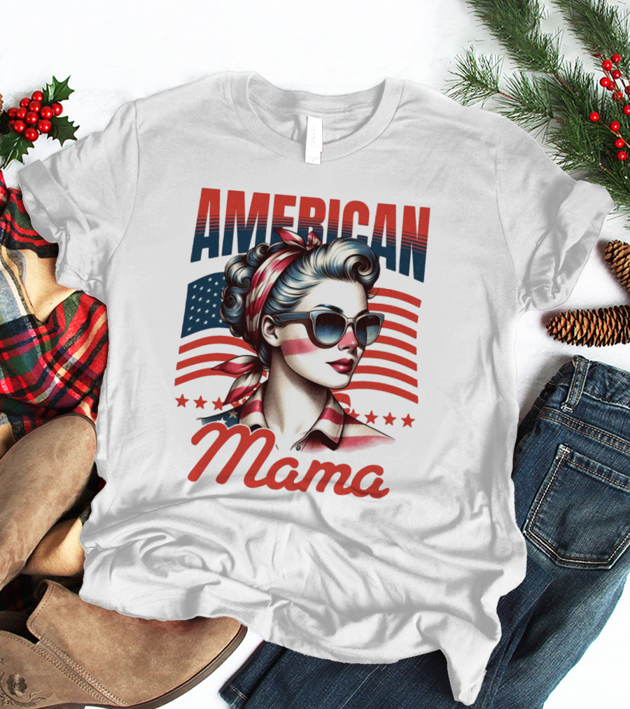 American Mama Vintage Patriotic Bandana Sunglasses Retro Flag Stars T-Shirt