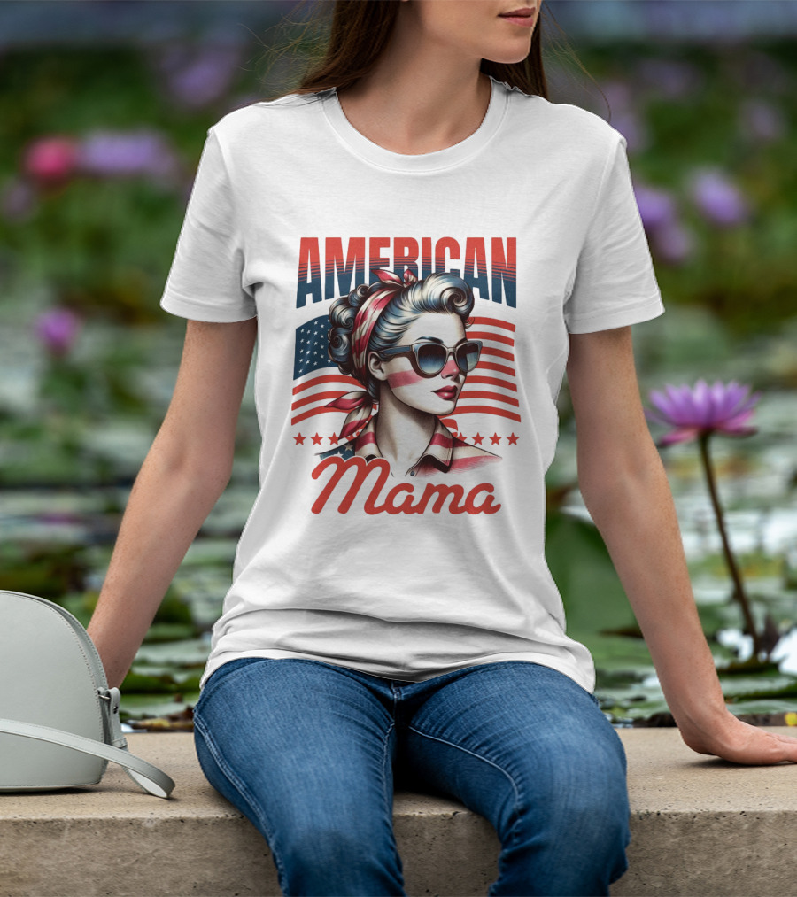 American Mama Vintage Patriotic Bandana Sunglasses Retro Flag Stars T-Shirt