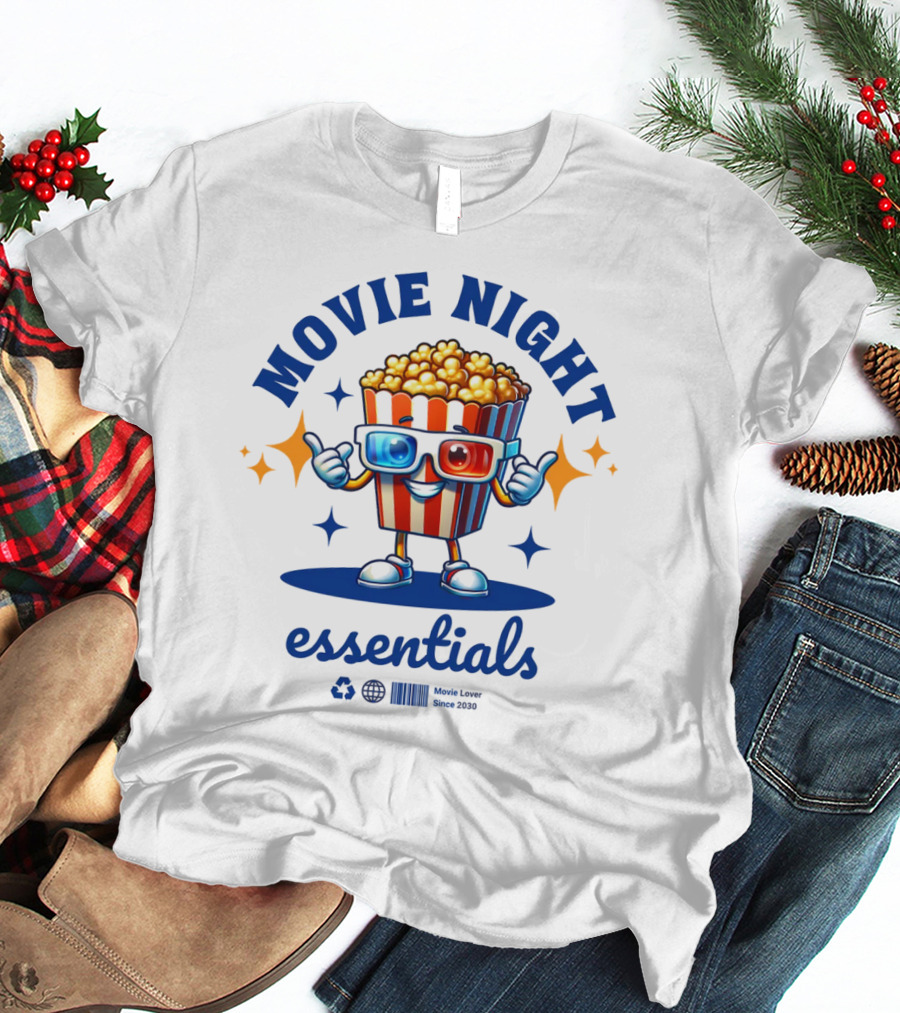 Movie Night Essentials Popcorn Movie Lover Cute Cinema T-Shirt