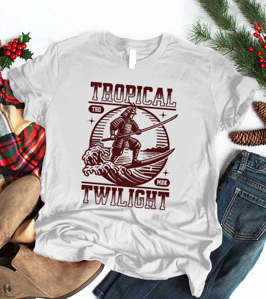 Tropical Twilight Surfing Samurai On Waves In Sunset Scene With TRD MRK T-Shirt