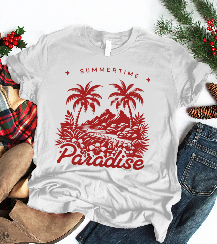 Summertime Paradise Palm Trees And Mountains Landscape T-Shirt