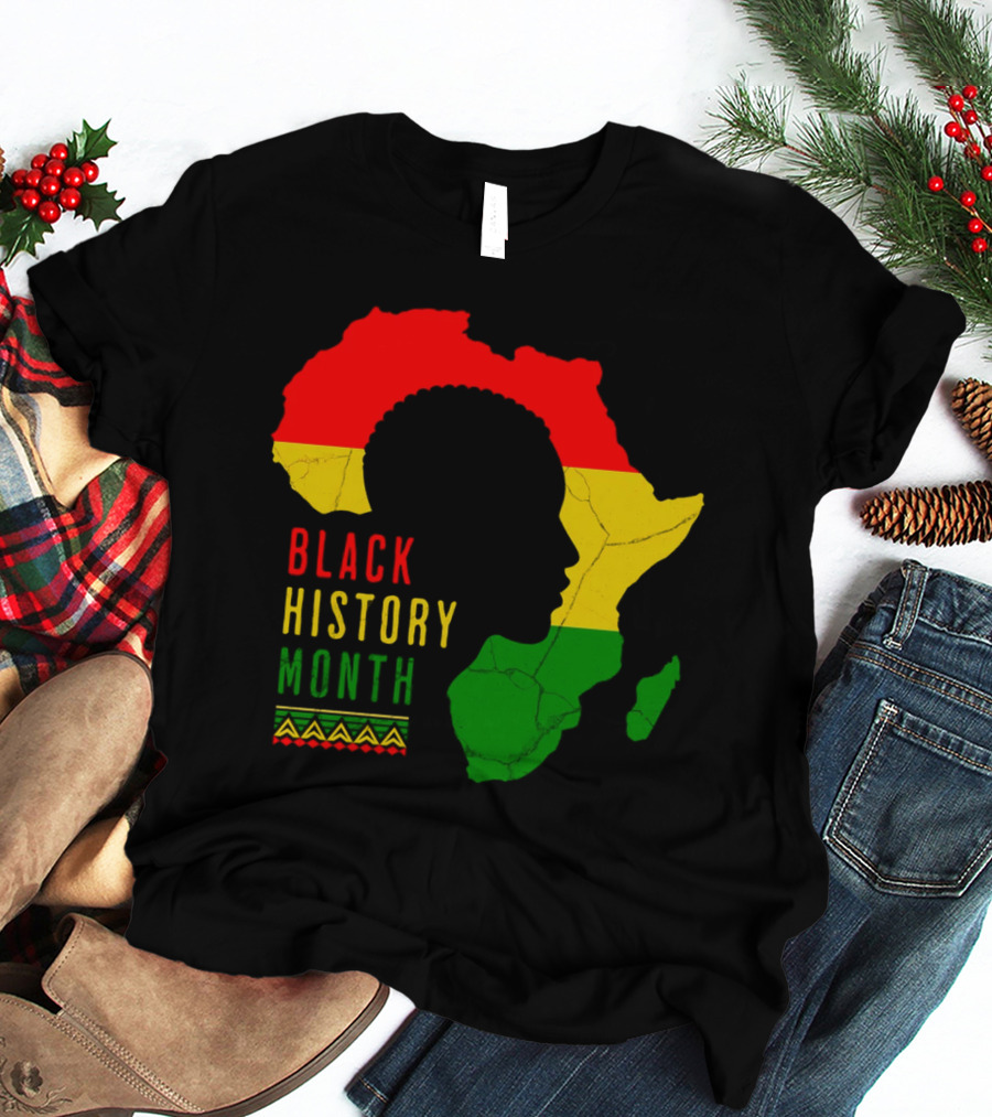 Black History Month African Continent Map With Red Yellow Green Colors And Afro T-Shirt
