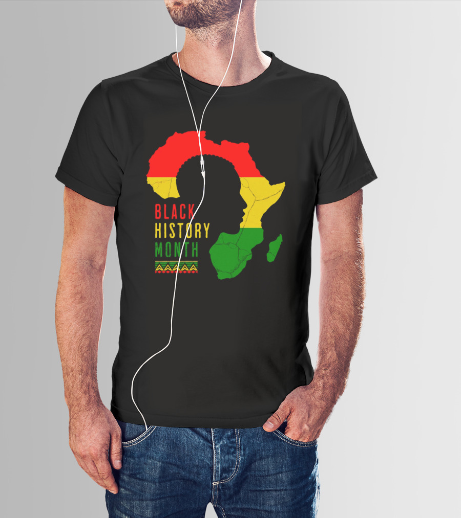 Black History Month African Continent Map With Red Yellow Green Colors And Afro T-Shirt