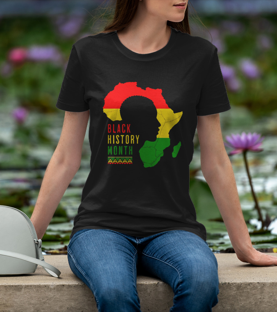 Black History Month African Continent Map With Red Yellow Green Colors And Afro T-Shirt