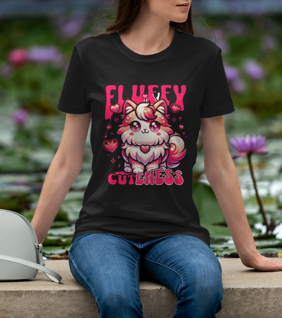 FLUFFY CUTENESS Heart-Eyed Kawaii Creature Surrounded By Little Hearts T-Shirt