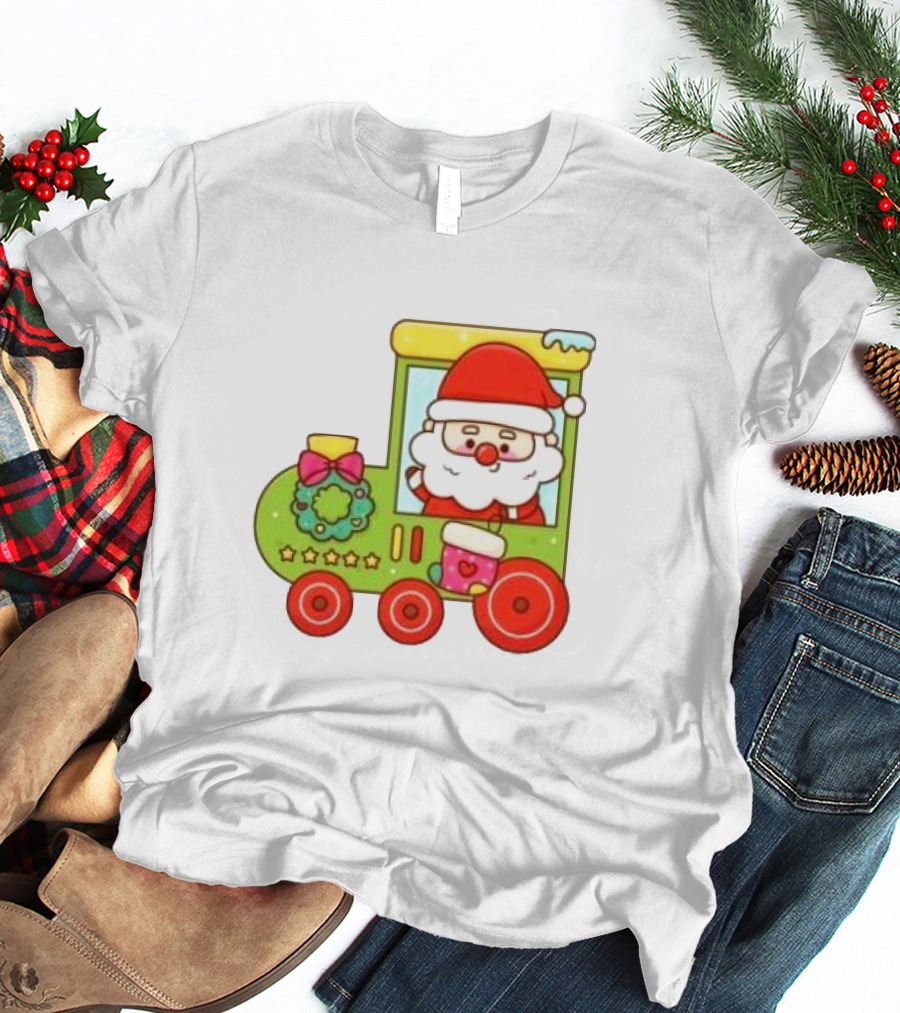 Santa Cute Christmas Train With Wreath And Stars T-Shirt
