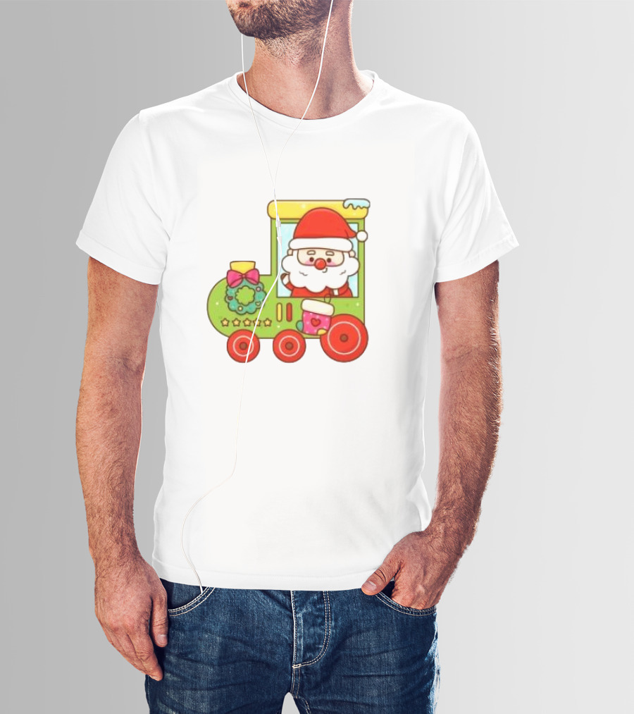 Santa Cute Christmas Train With Wreath And Stars T-Shirt