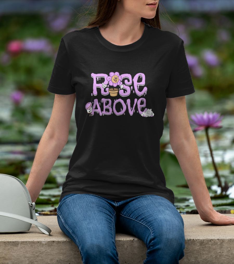 RISE ABOVE Flower Pot Cartoon With Cloud And Hat Elements T-Shirt