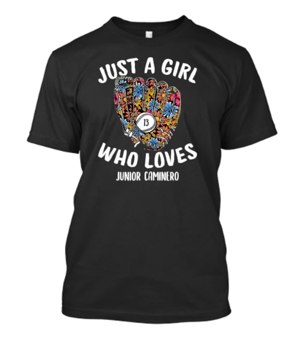 Just A Girl Who Loves Junior Caminero Tampa Bay MLBPA Baseball Glove Number 13 Floral T-Shirt