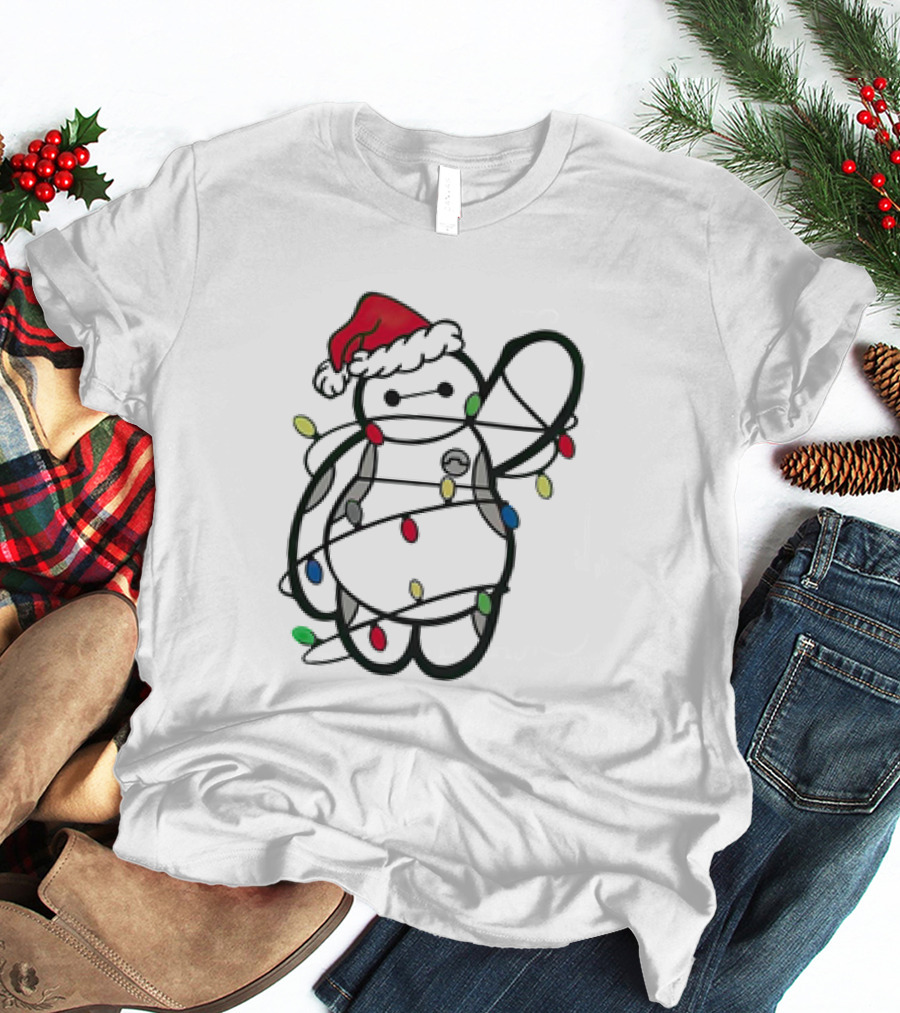Baymax Wrapped In Christmas Lights Wearing Santa Hat T-Shirt