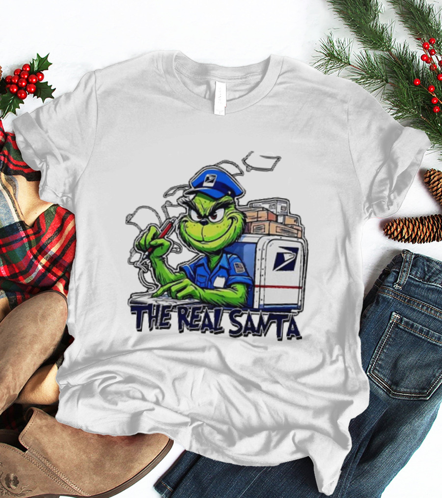 Grinch USPS The Real Santa Postal Delivery Holiday Fun T-Shirt