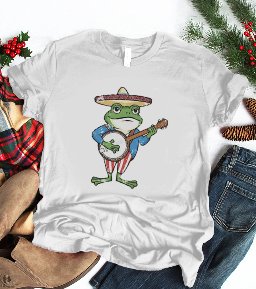 Frog In Sombrero Playing Banjo In Patriotic T-Shirt