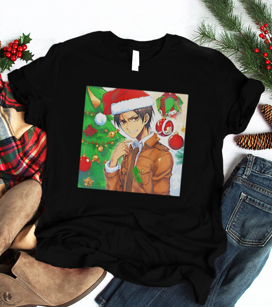 Eren Yeager Santa Hat Christmas Attack On Titan Anime Festive Tree Ornaments T-Shirt