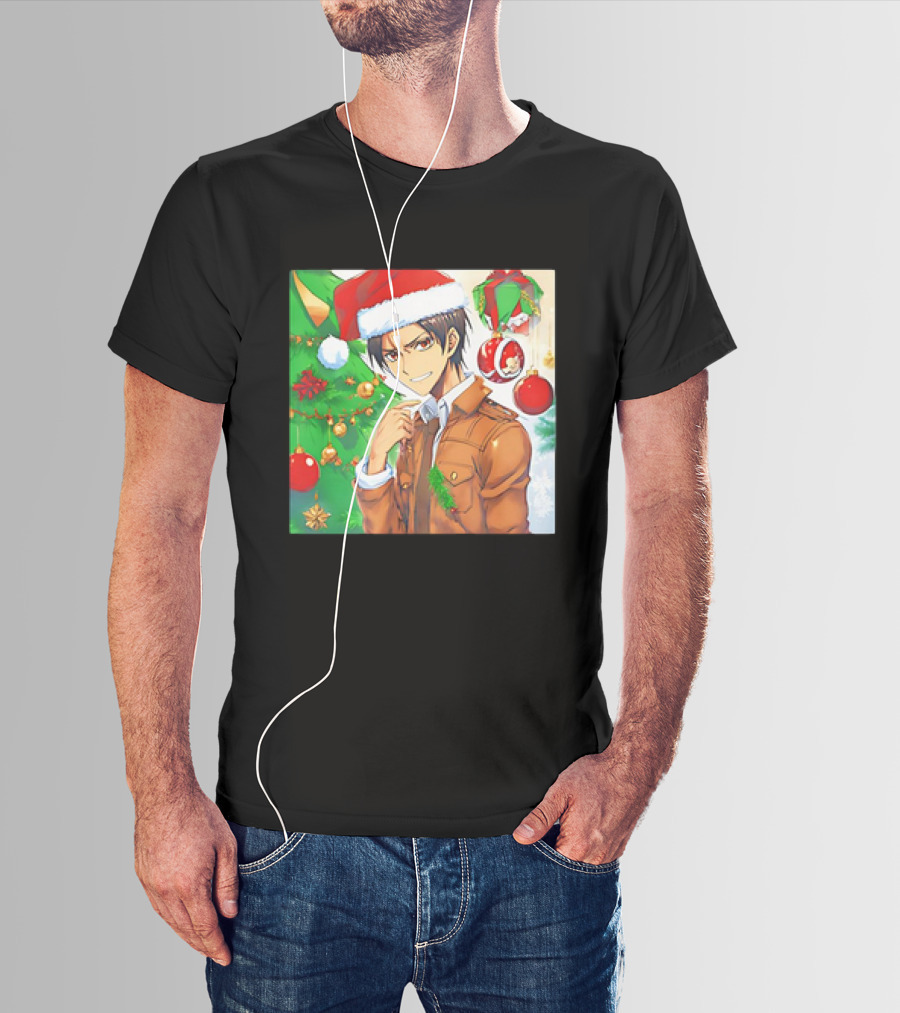 Eren Yeager Santa Hat Christmas Attack On Titan Anime Festive Tree Ornaments T-Shirt