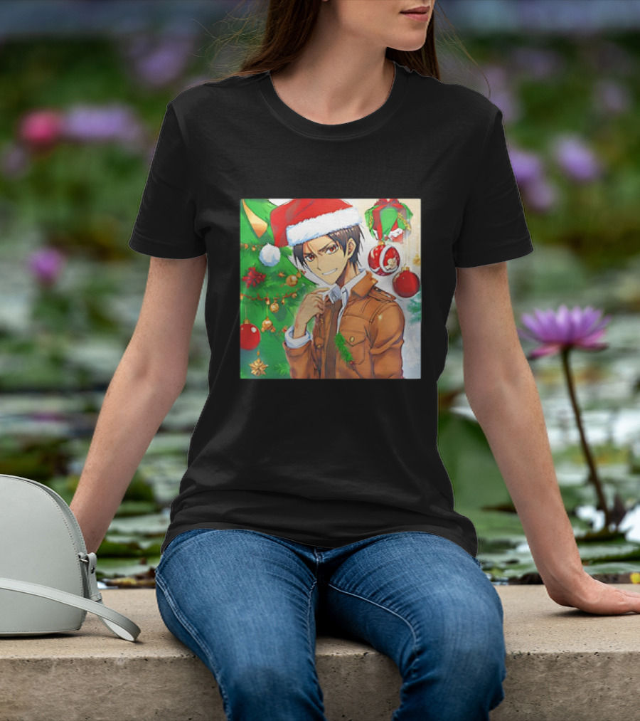 Eren Yeager Santa Hat Christmas Attack On Titan Anime Festive Tree Ornaments T-Shirt