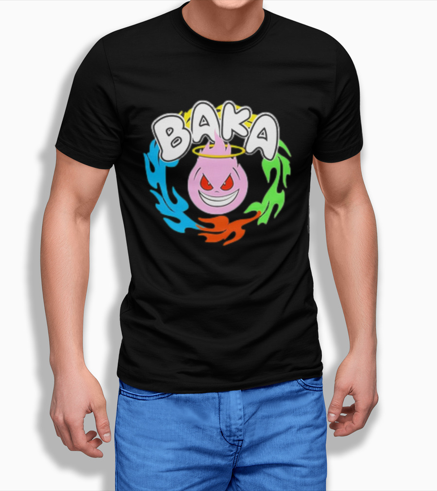 Baka Cartoon Flame with Mischievous Expression Surrounded by Colorful Fire Halo T-Shirt
