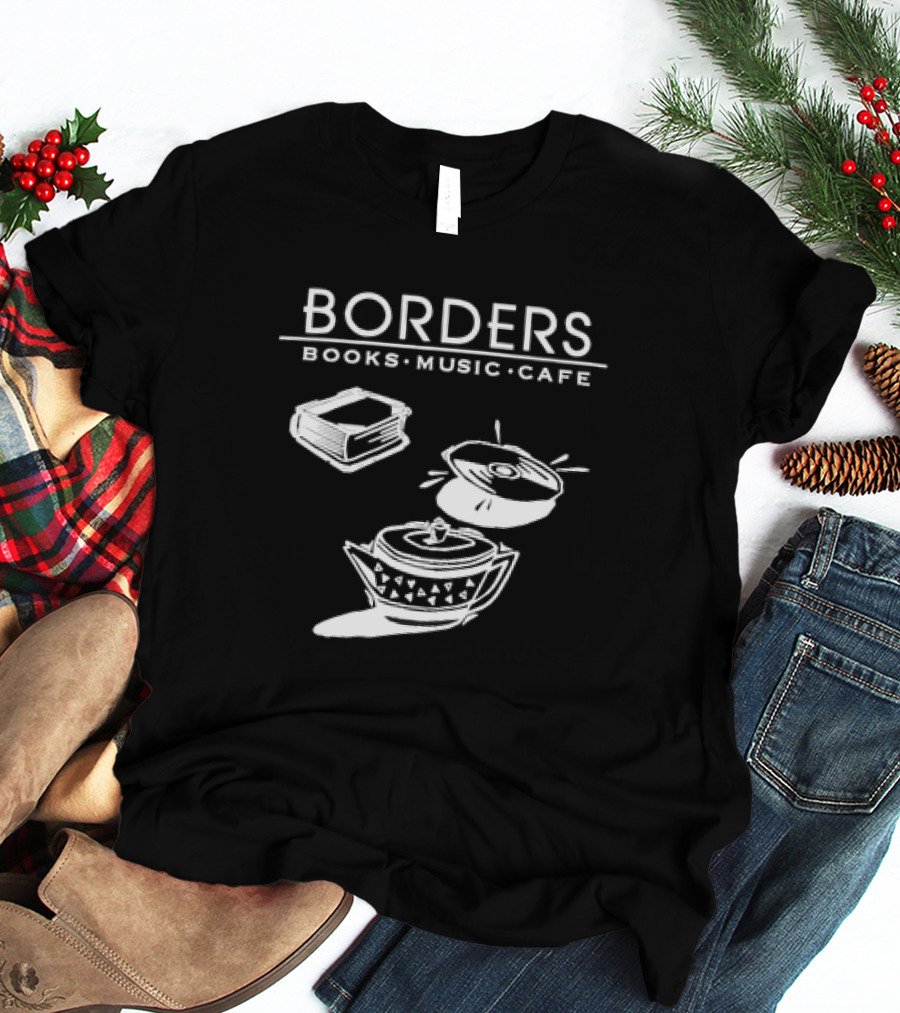 Borders Books Music Cafe Logo With Book, CD, And Teapot T-Shirt