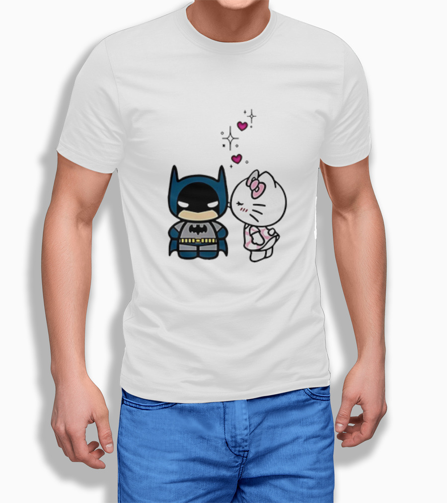 Hello Kitty Kissing Batman with Hearts and Sparkles T-Shirt