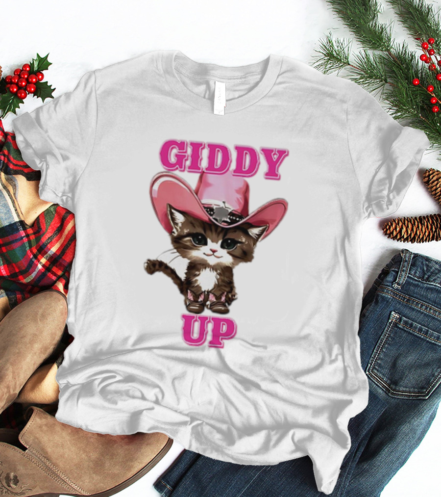 Giddy Up Cowboy Cat Pink Hat Kitten T-Shirt