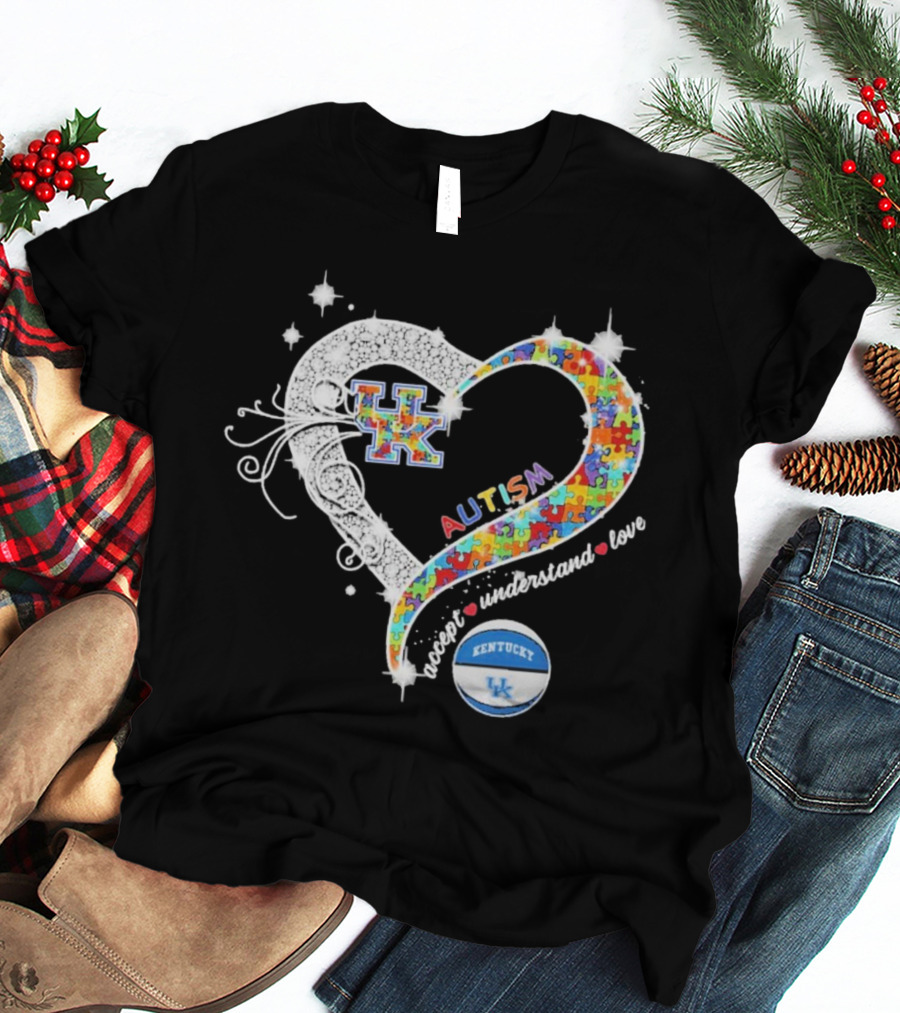 Autism Accept Understand Love Puzzle Heart Kentucky Wildcats UK Basketball T-Shirt