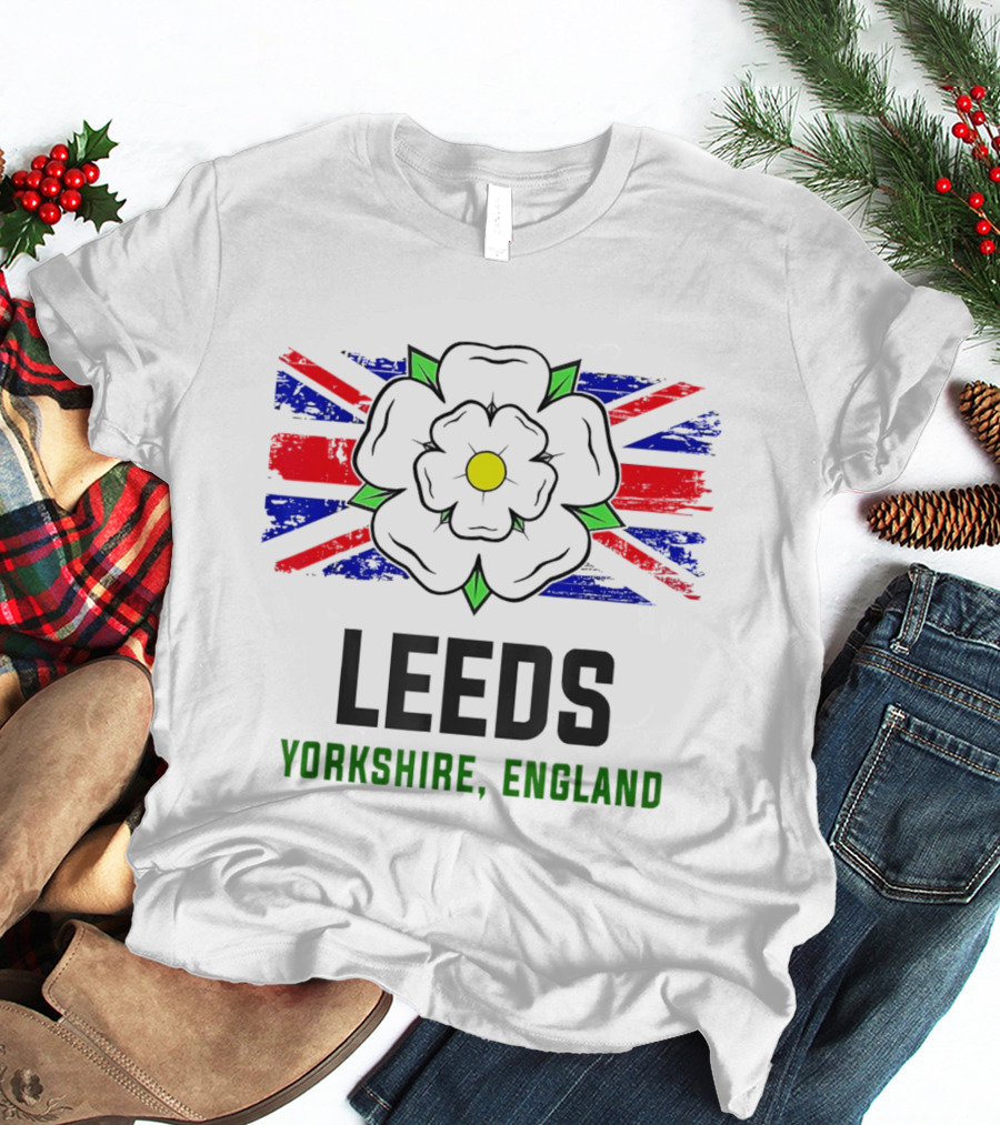 Leeds Yorkshire England Black Rose Union Jack T-Shirt