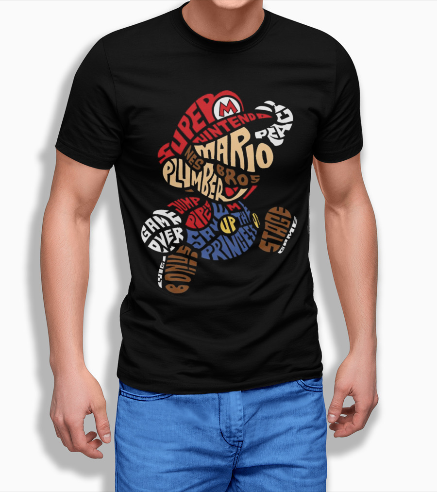 Super Nintendo Mario Bros Plumber Jump Stage Game Typography T-Shirt