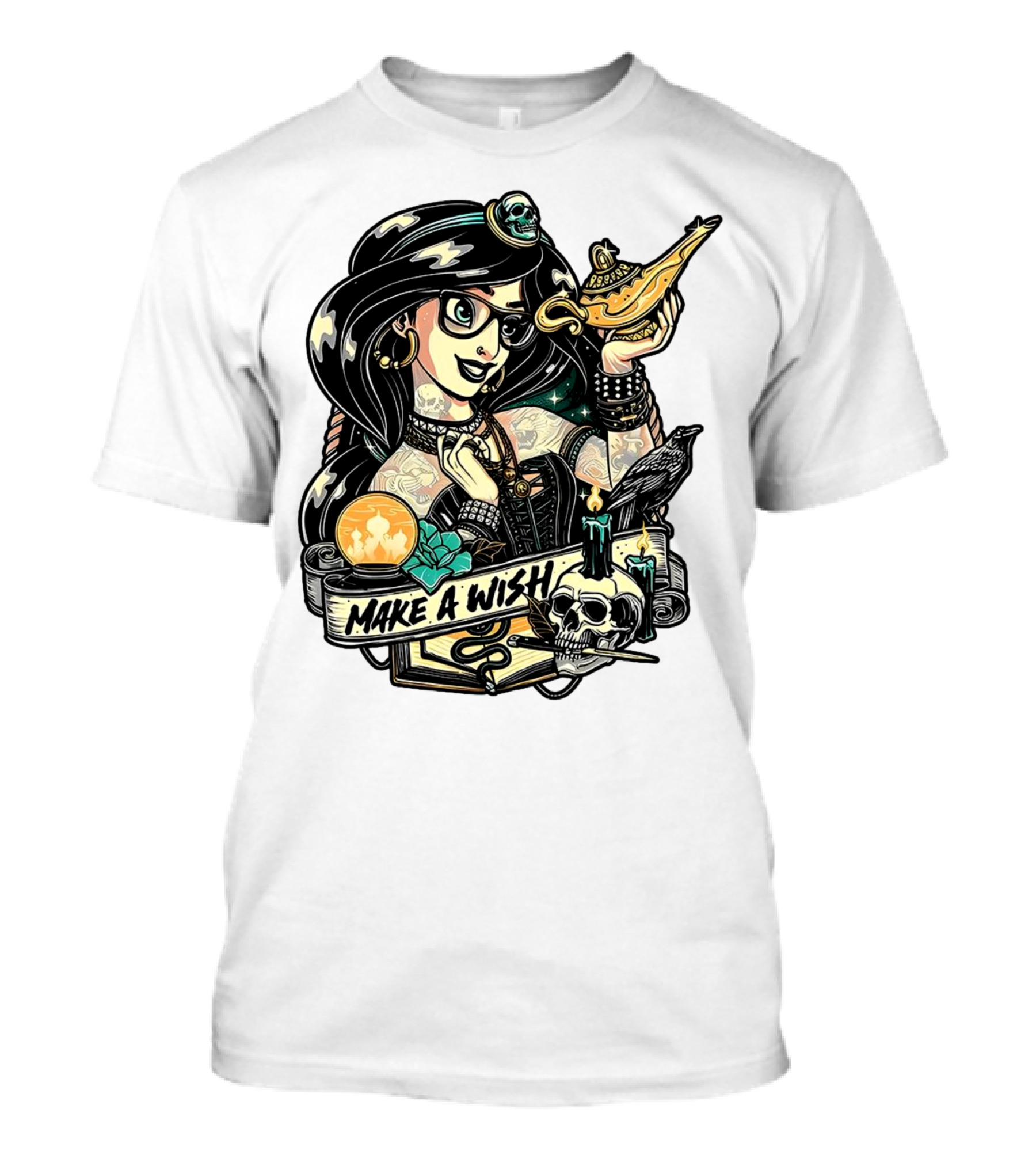 Jasmine Princess Aladdin Make A Wish Tattoo Style With Skull And Lamp T-Shirt