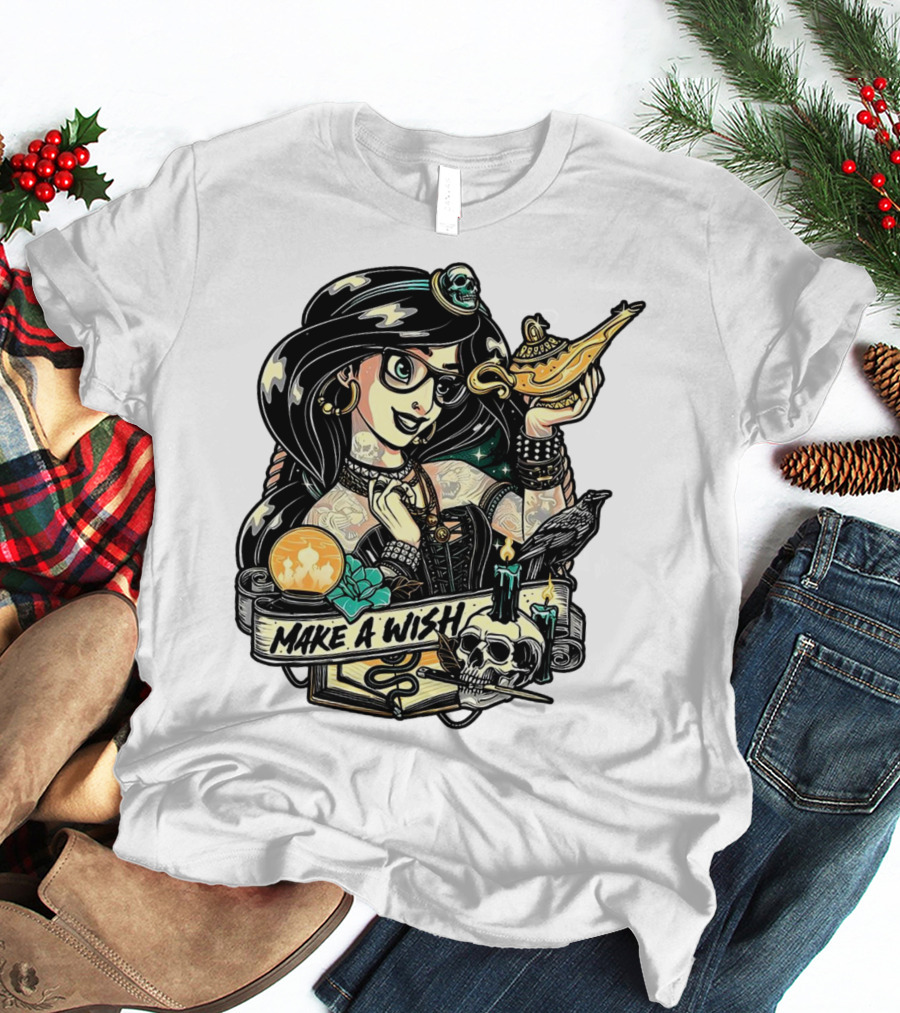 Jasmine Princess Aladdin Make A Wish Tattoo Style With Skull And Lamp T-Shirt