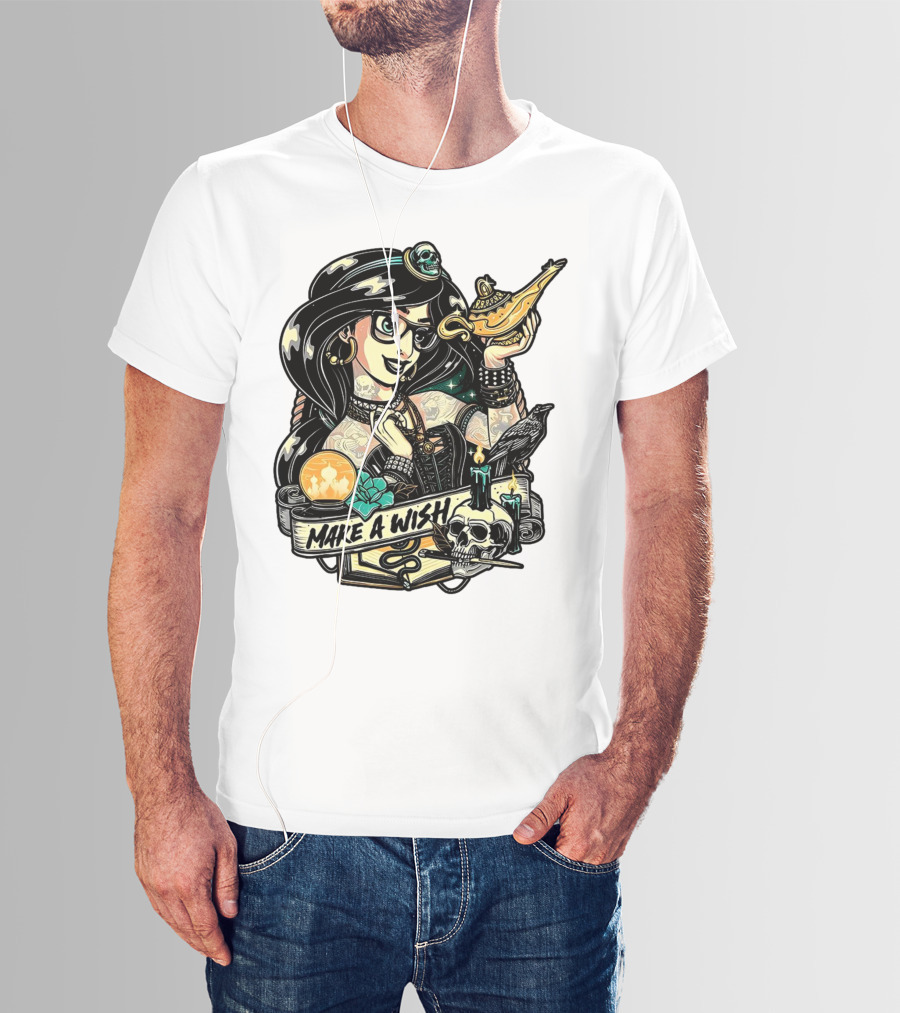 Jasmine Princess Aladdin Make A Wish Tattoo Style With Skull And Lamp T-Shirt